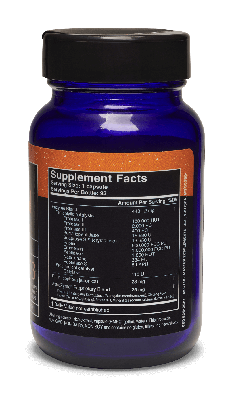 Master Supplements US Enzymes Theraxym capsules by MHP, systemic enzymes supplement in a bottle of 93 capsules.