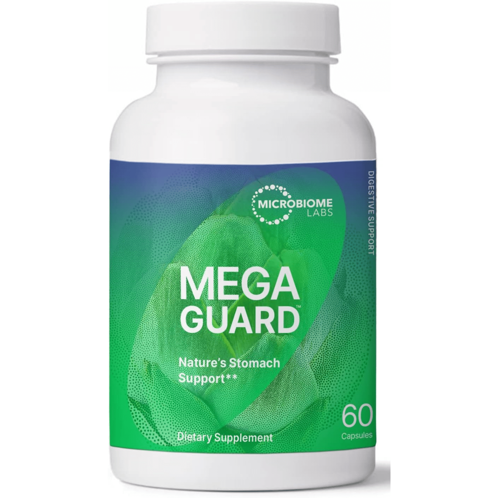Microbiome Labs MegaGuard digestive support capsules from MHP, showing a bottle of 60 dietary supplement capsules.