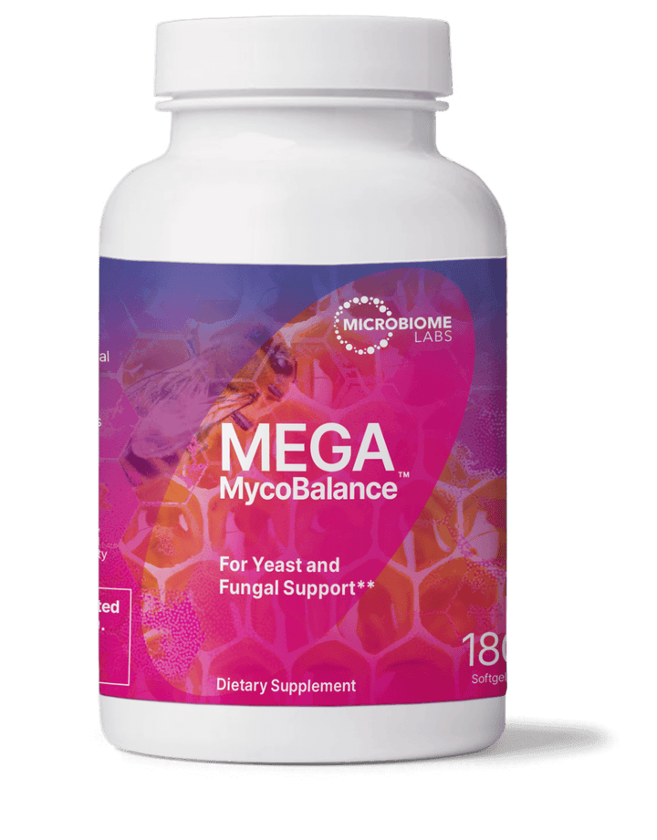 Microbiome Labs MegaMycoBalance 180 Caps for yeast and fungal support supplement bottle.