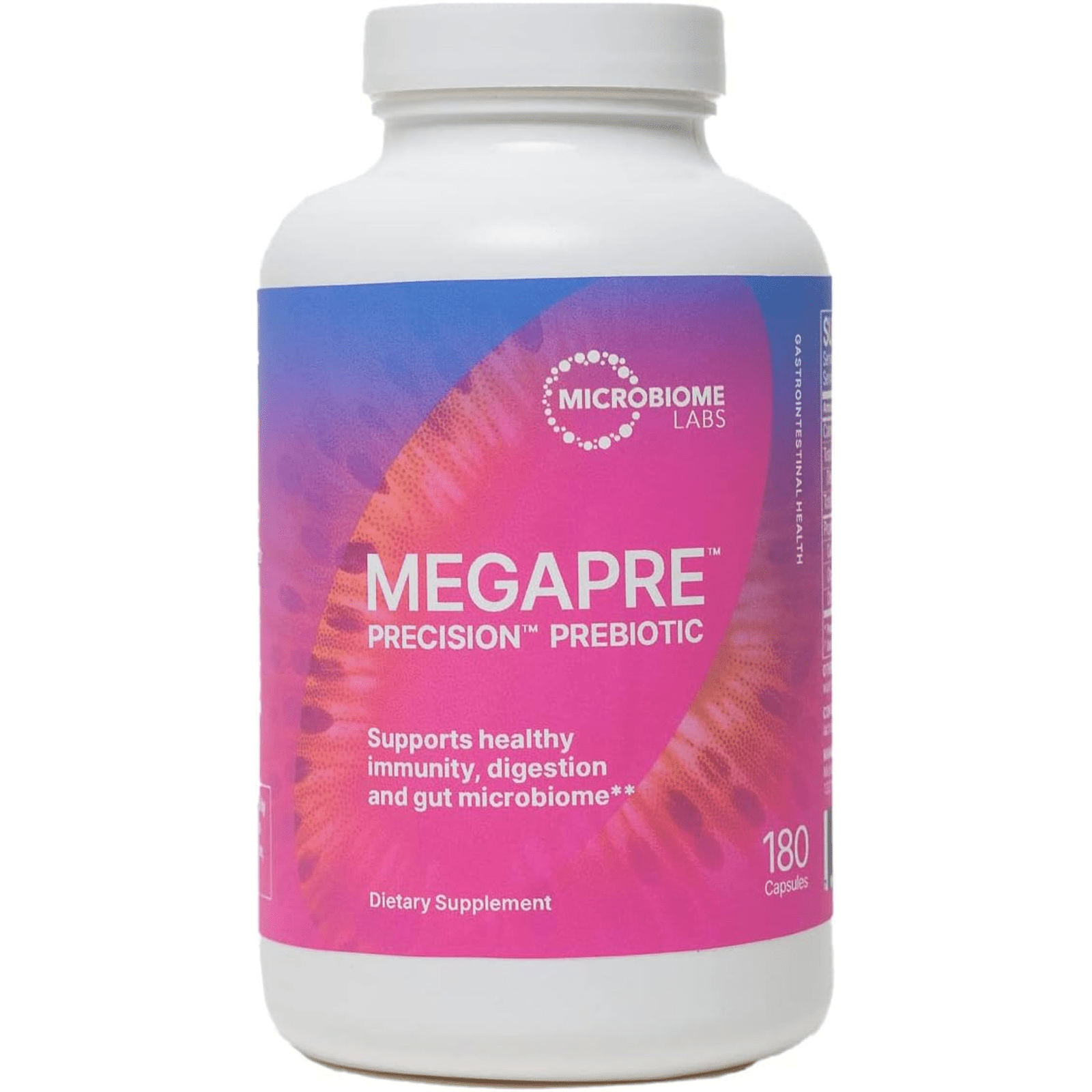 MHP Microbiome Labs MegaPre Prebiotic supplement in 180 capsules supporting gut health and digestive wellness.
