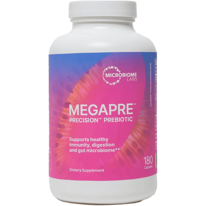 MHP Microbiome Labs MegaPre Prebiotic supplement in 180 capsules supporting gut health and digestive wellness.