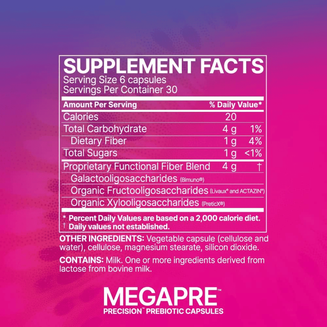 MHP Microbiome Labs MegaPre Prebiotic capsules supporting gut health, 180 capsules in a bottle.