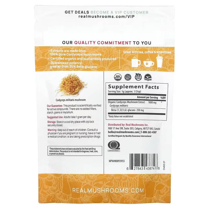 Organic MHP Cordyceps mushroom extract powder in 60 grams, a natural supplement from real mushrooms for health support.