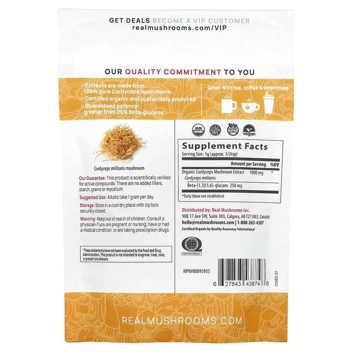 Organic MHP Cordyceps mushroom extract powder in 60 grams, a natural supplement from real mushrooms for health support.