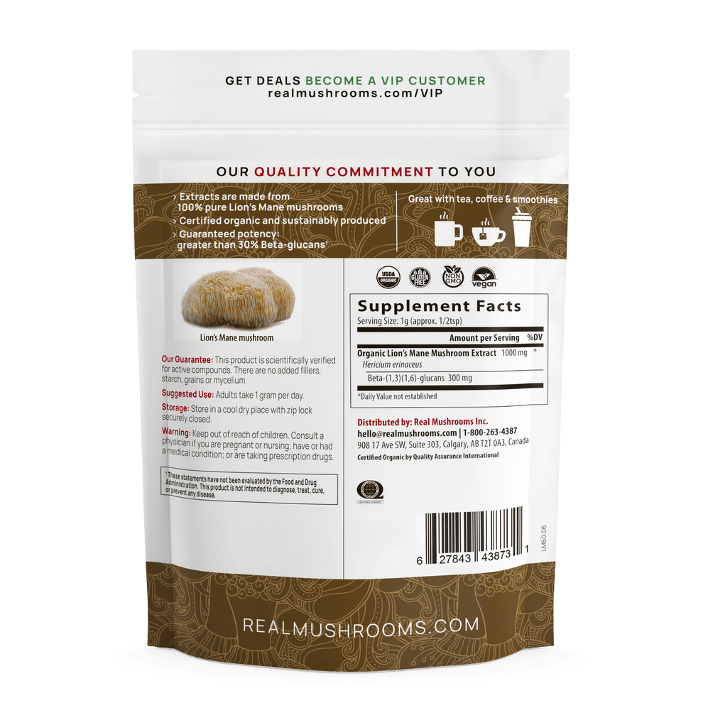 Real Mushrooms Lions Mane Mushroom Extract 60g Brain Health Support - POWER FIT SHOP — Powering Preparedness, Health & Home