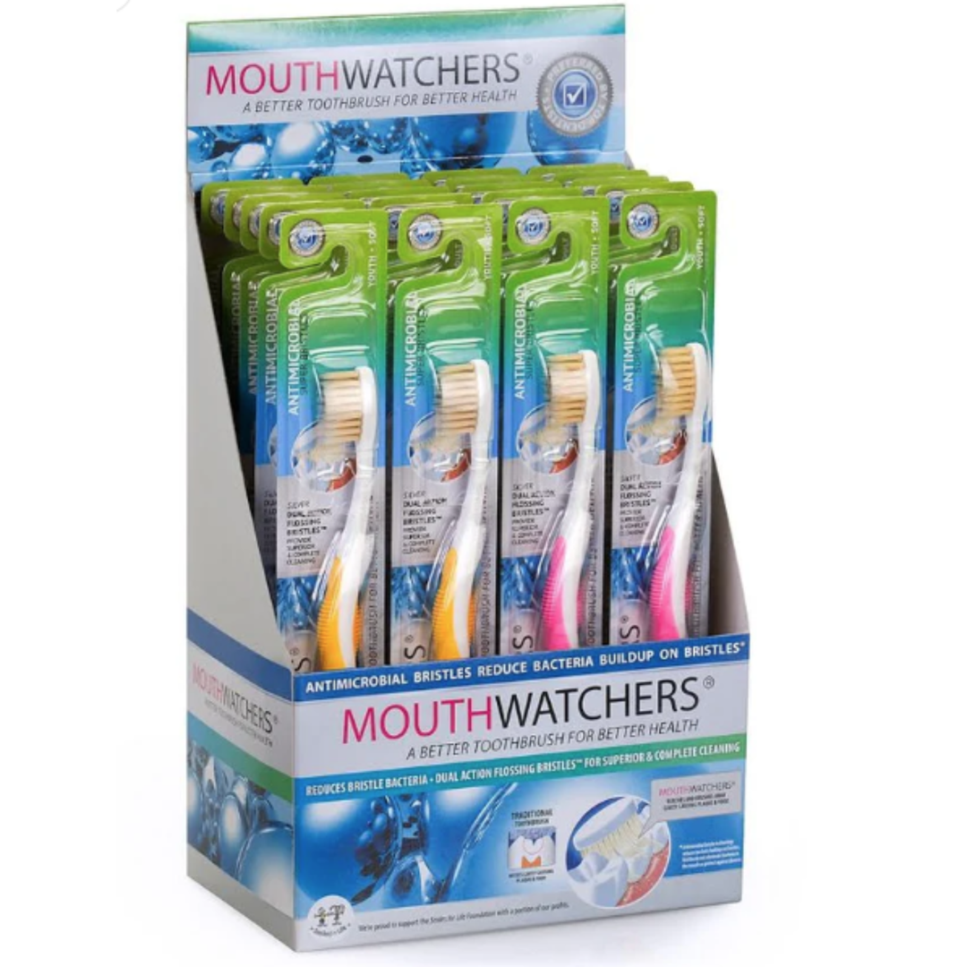 Mouthwatchers Youth Toothbrushes, 20-pack, display size 5, designed for children’s dental hygiene by MHP.