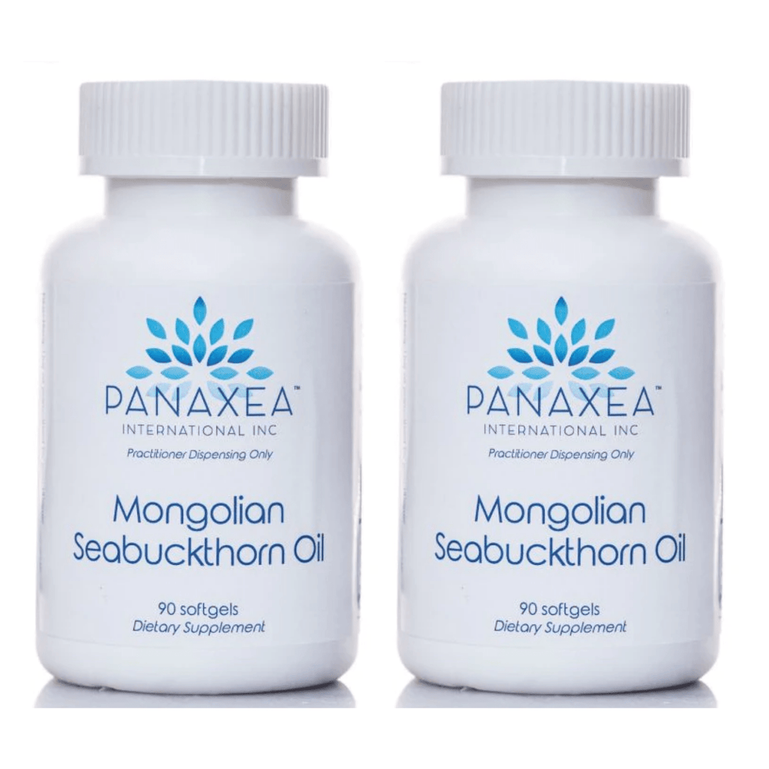 Panaxea Mongolian Seabuckthorn Oil dietary supplement in two packs of 90 veggie capsules, featuring 500mg seabuckthorn oil each.