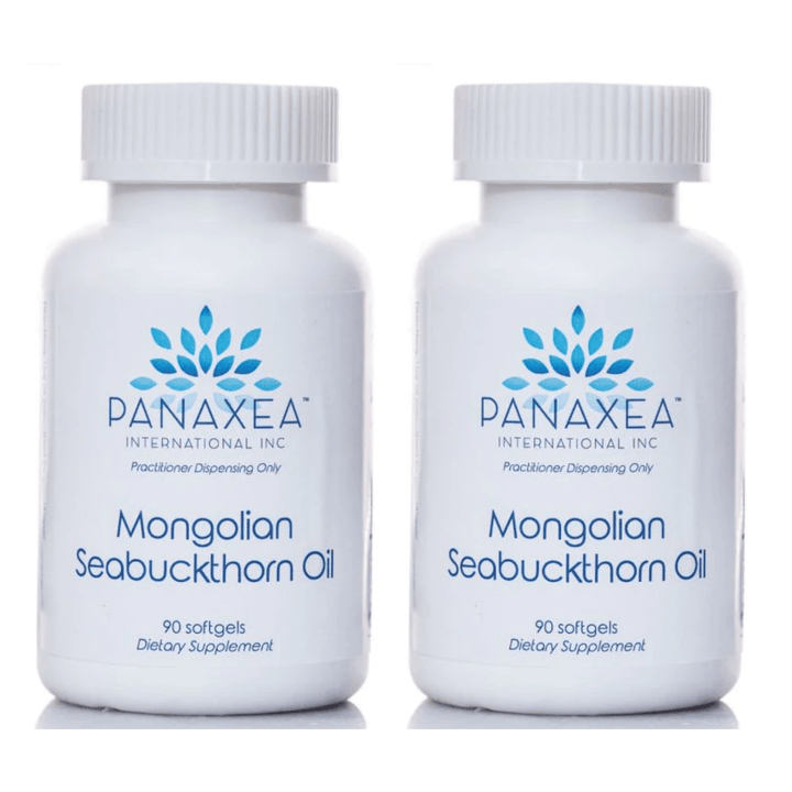 Panaxea Mongolian Seabuckthorn Oil dietary supplement in two packs of 90 veggie capsules, featuring 500mg seabuckthorn oil each.