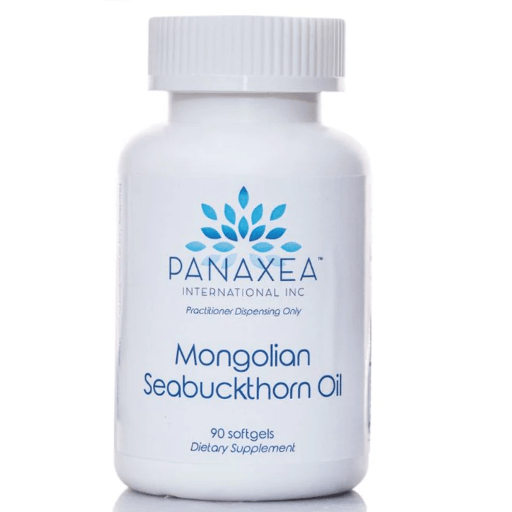 Panaxea Mongolian Seabuckthorn Oil dietary supplement with 90 vegan capsules, two-pack, in clear bottles with labels.