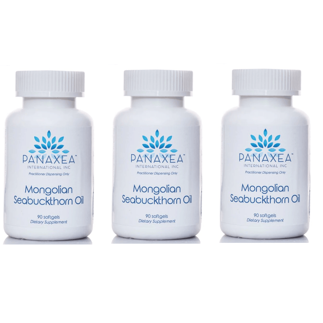 Panaxea Mongolian seabuckthorn oil dietary supplement in 90 vegetarian caps, three-pack, featuring orange capsules and supplement label.