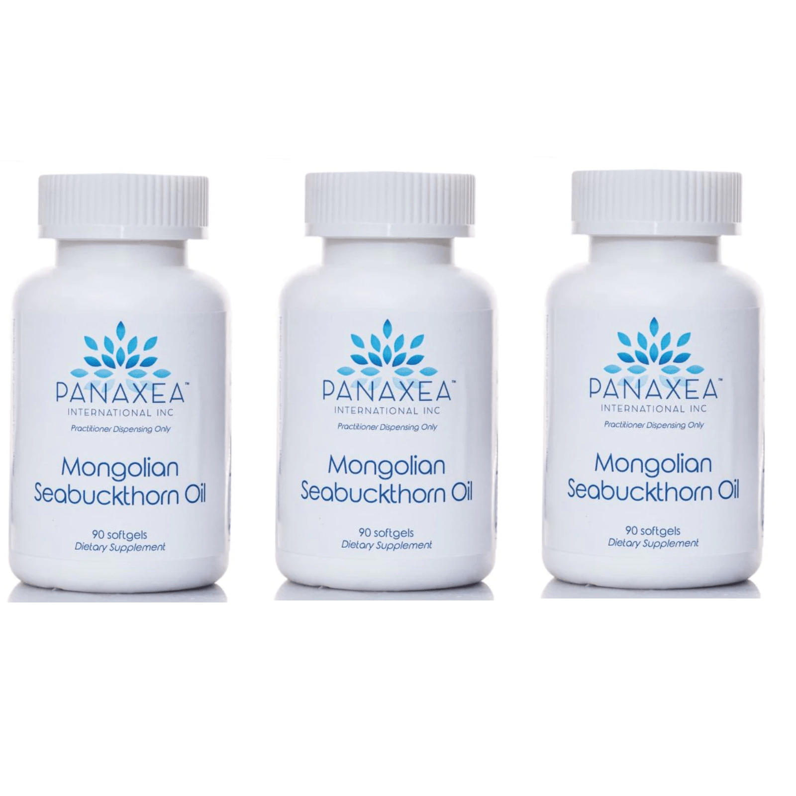 Panaxea Mongolian seabuckthorn oil dietary supplement in 90 vegetarian caps, three-pack, featuring orange capsules and supplement label.