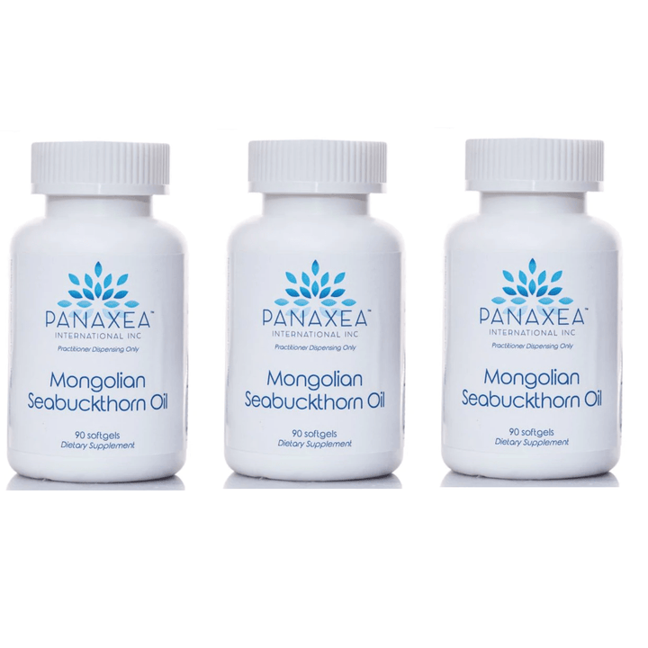 Panaxea Mongolian seabuckthorn oil dietary supplement in 90 vegetarian caps, three-pack, featuring orange capsules and supplement label.