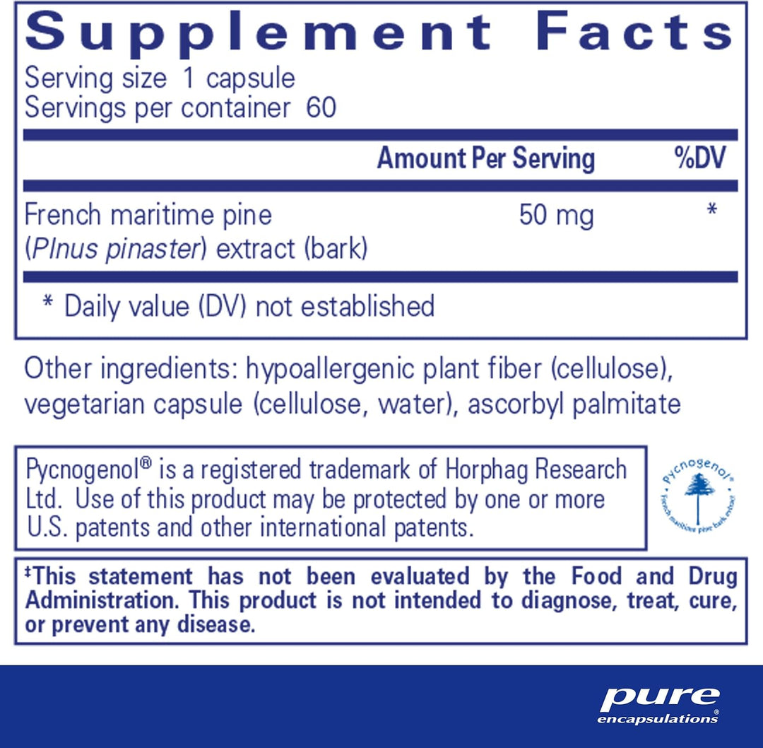 Pure Encapsulations Pycnogenol antioxidant herbal supplement bottle with 60 capsules supporting brain and heart health.