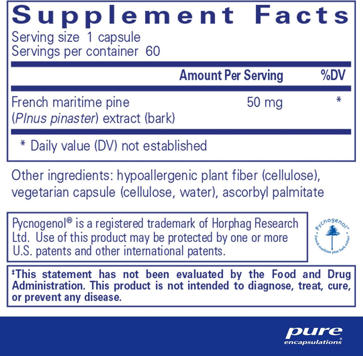 Pure Encapsulations Pycnogenol antioxidant herbal supplement bottle with 60 capsules supporting brain and heart health.