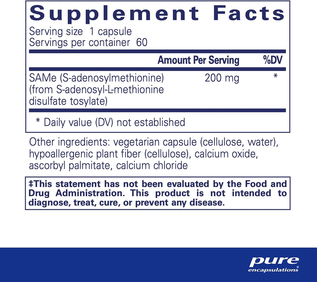 Pure Encapsulations SAMe antioxidant herbal supplement box with 60 capsules supporting joint and cellular health.