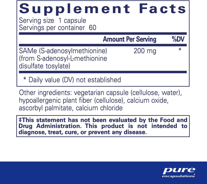 Pure Encapsulations SAMe antioxidant herbal supplement box with 60 capsules supporting joint and cellular health.