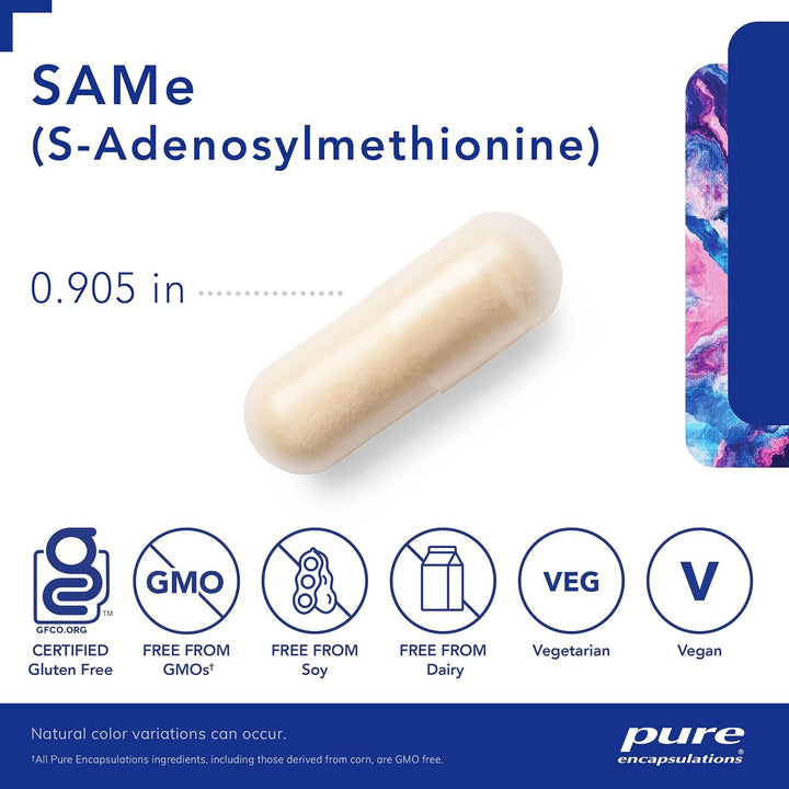 Pure Encapsulations SAMe antioxidant herbal supplement bottle with 60 capsules supporting joint and cellular health.