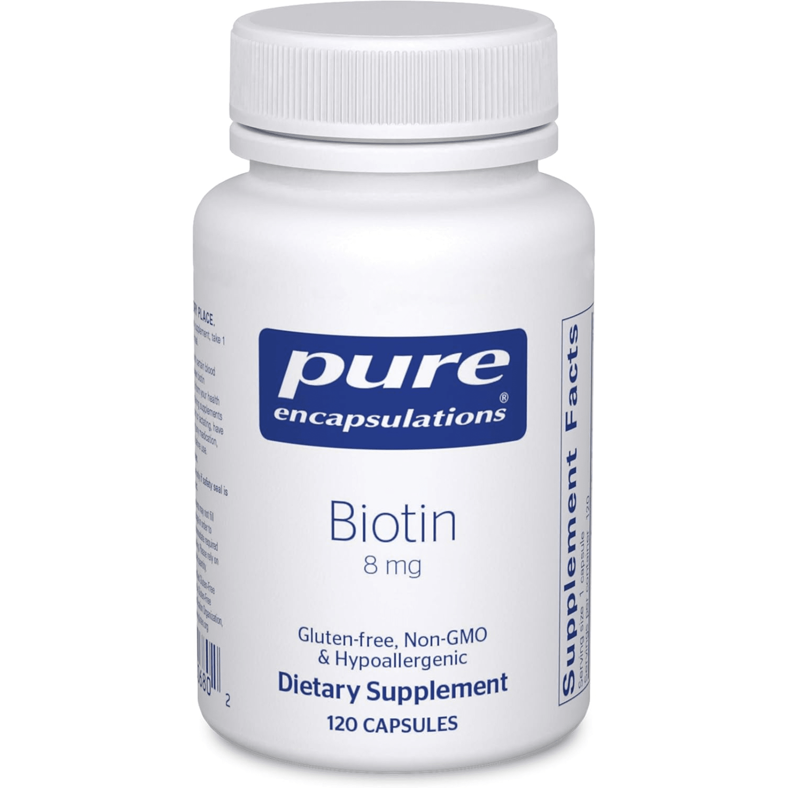 Pure Encapsulations Biotin 8 mg supplement capsules for hair, skin, nails, and metabolism support, displayed in a bottle.