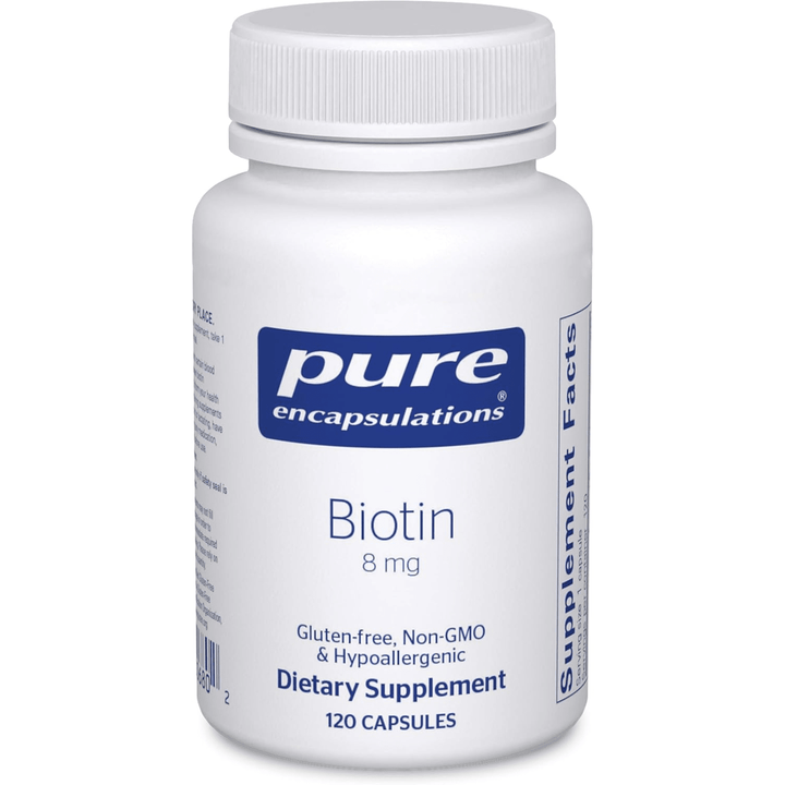 Pure Encapsulations Biotin 8 mg supplement in a bottle, supporting hair, skin, nails, and metabolism with 120 capsules.