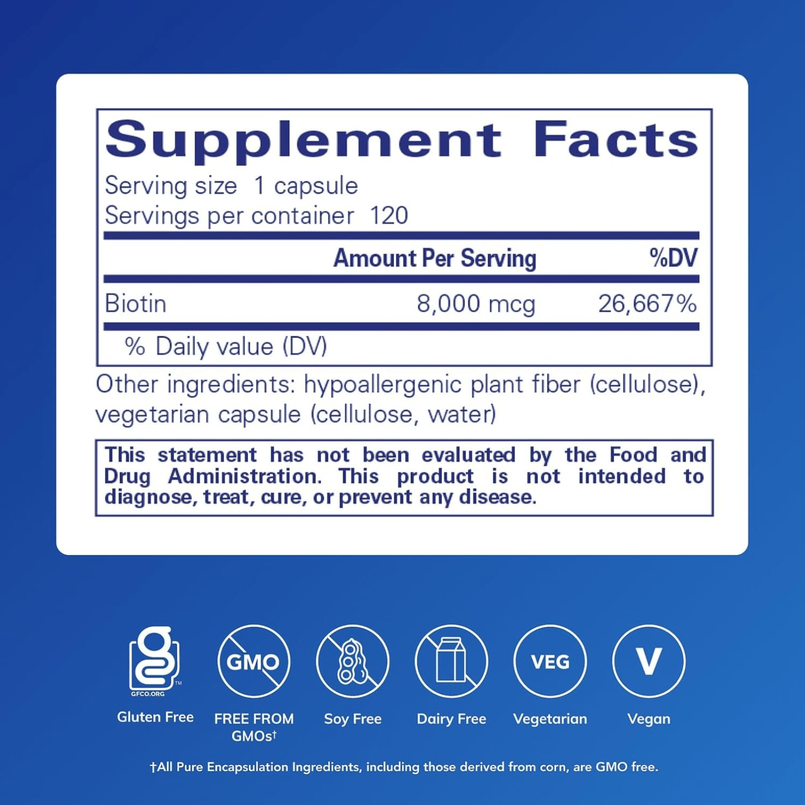 Pure Encapsulations Biotin 8 mg vitamin supplement in a bottle, supporting hair, skin, nails, and metabolism with 120 capsules.