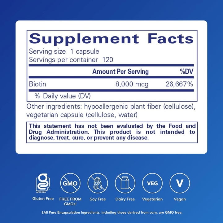 Pure Encapsulations Biotin 8 mg supplement in a bottle of 120 capsules, supports hair, skin, nails, and metabolism.