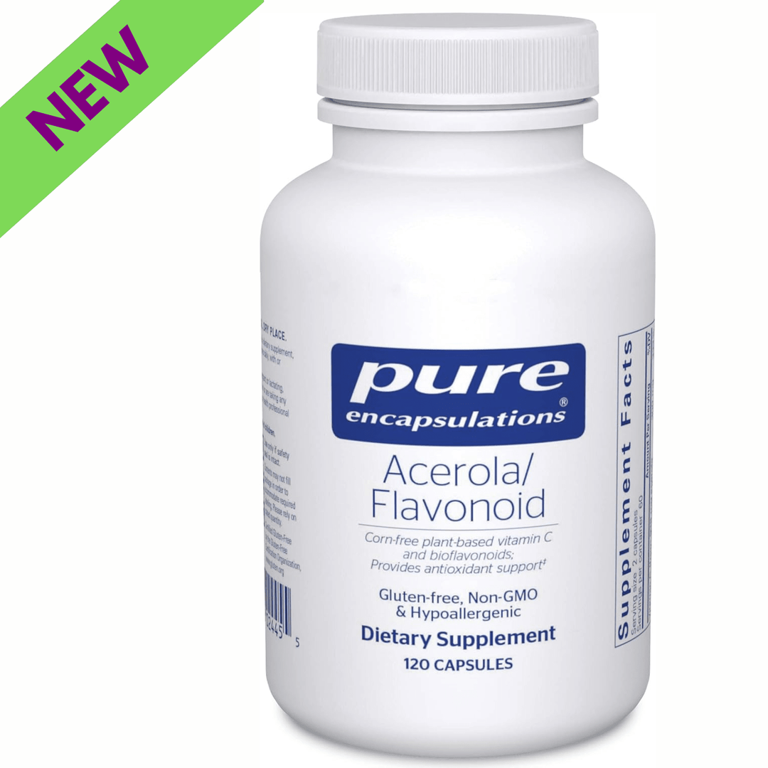 Pure Encapsulations Acerola Flavonoid supplement bottle with 120 capsules, supporting immune function and botanical immune health.