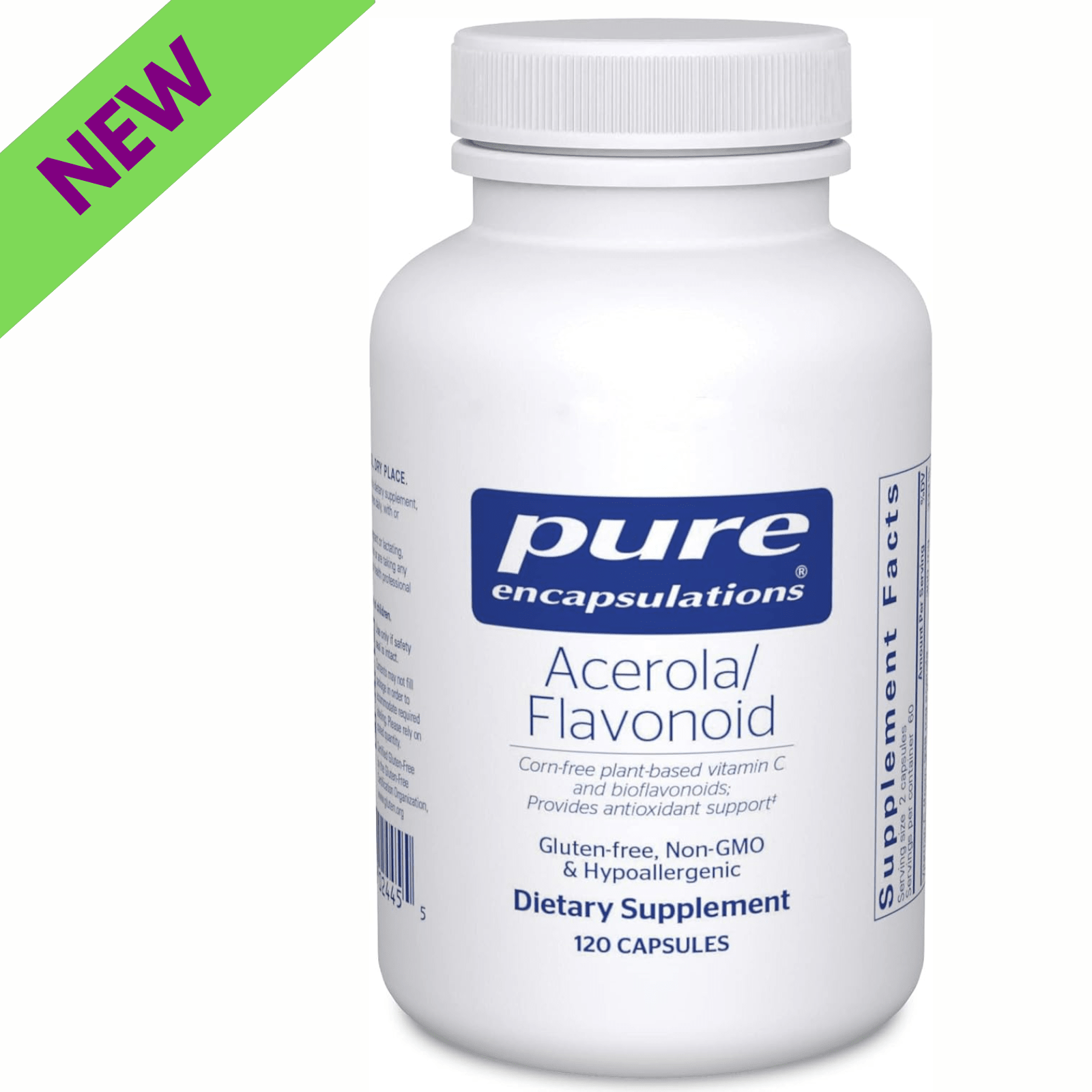 Pure Encapsulations Acerola Flavonoid supplement bottle with 120 capsules, supporting immune function and botanical immune health.