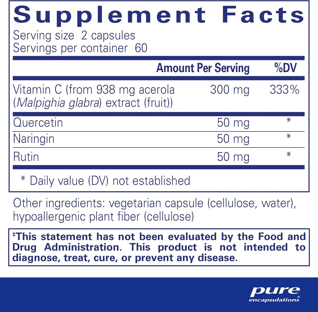 Pure Encapsulations Acerola Flavonoid supplement bottle with 120 capsules, botanical immune support for immune function.