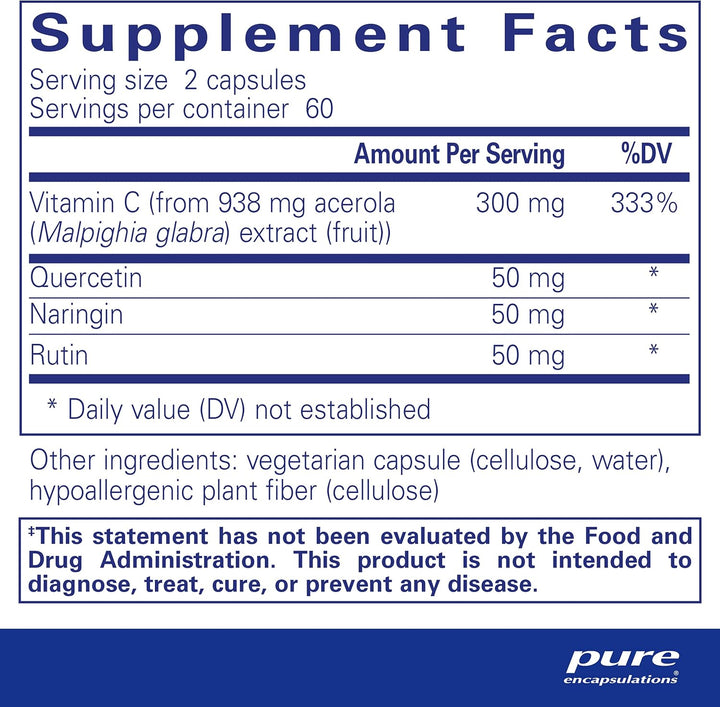 Pure Encapsulations Acerola Flavonoid supplement bottle with 120 capsules, botanical immune support for immune function.
