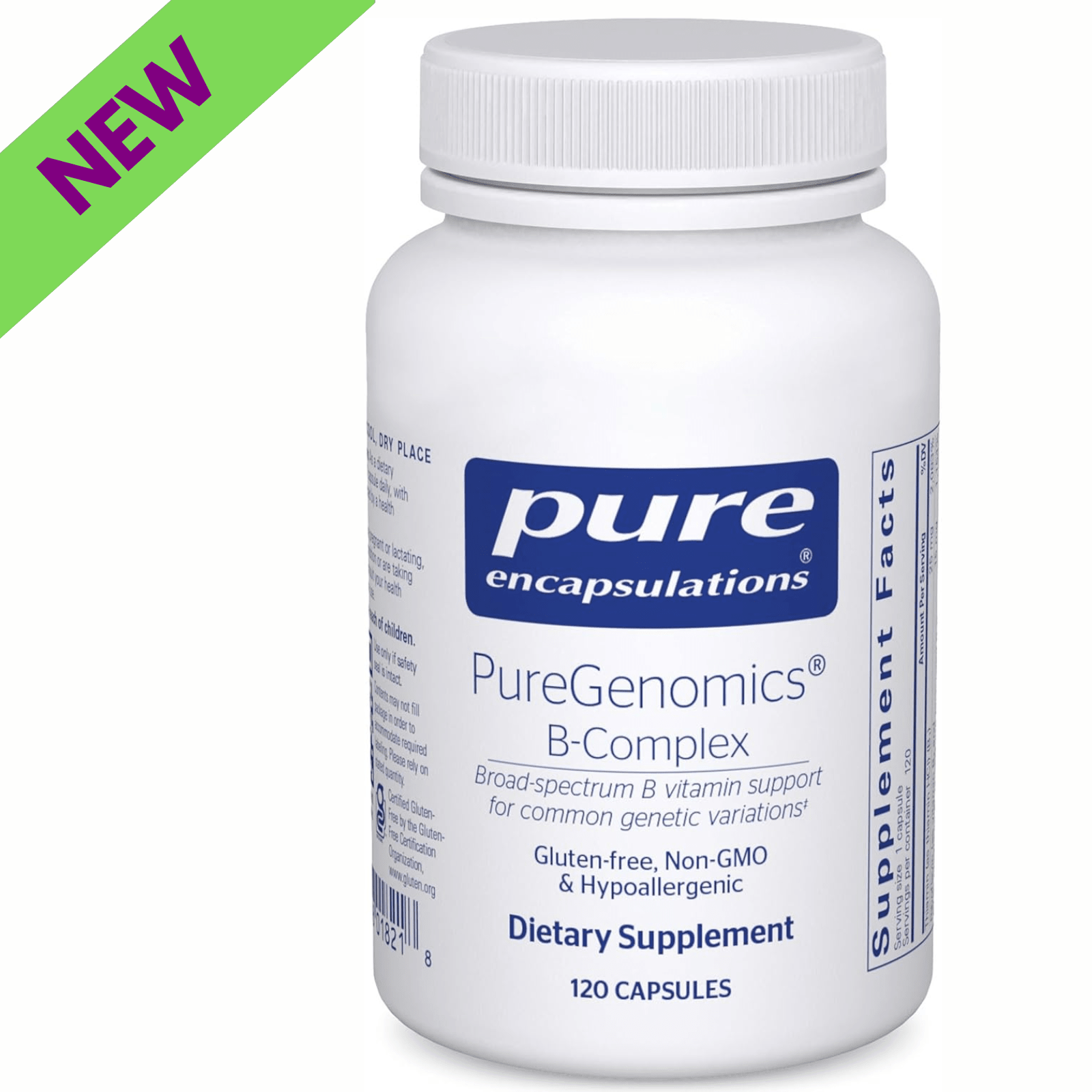 Pure Encapsulations B Complex supplement in a bottle, supporting energy metabolism and cell health with 120 capsules.