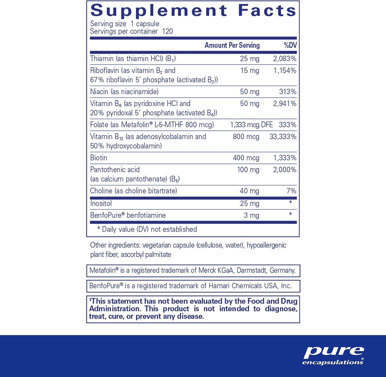 Pure Encapsulations B Complex supplement in 120 capsules for energy metabolism and cell health, botanical immune support.