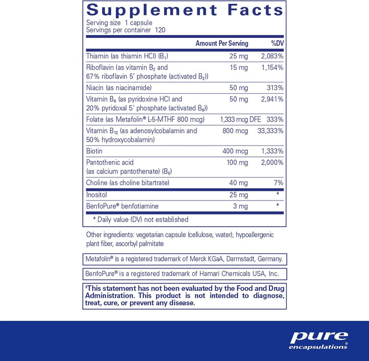 Pure Encapsulations B Complex supplement in 120 capsules for energy metabolism and cell health, botanical immune support.