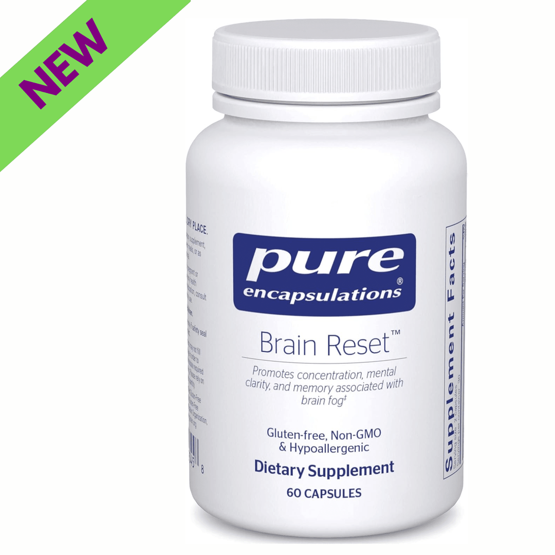 Pure Encapsulations Brain Reset supplement in 60 capsules, a botanical immune support supplement for mental clarity.