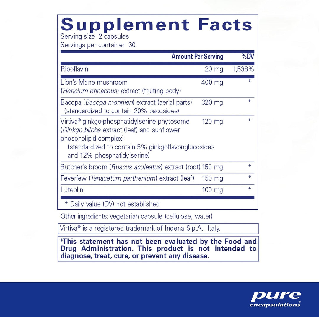 Pure Encapsulations Brain Reset Botanical Supplement for mental clarity, shown in a bottle with 60 capsules.