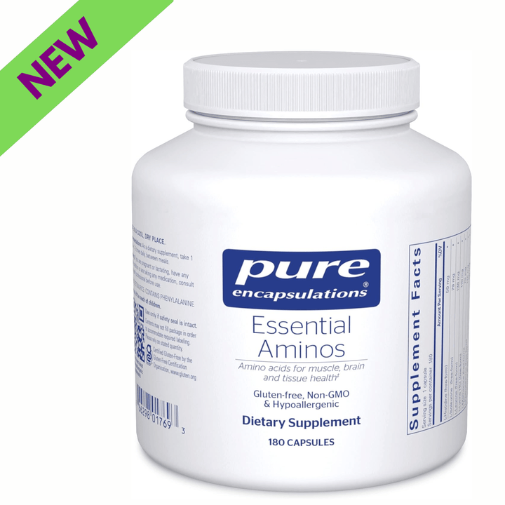 Pure Encapsulations Essential Amino Acids supplement bottle with 180 capsules, designed for muscle recovery and immune support.