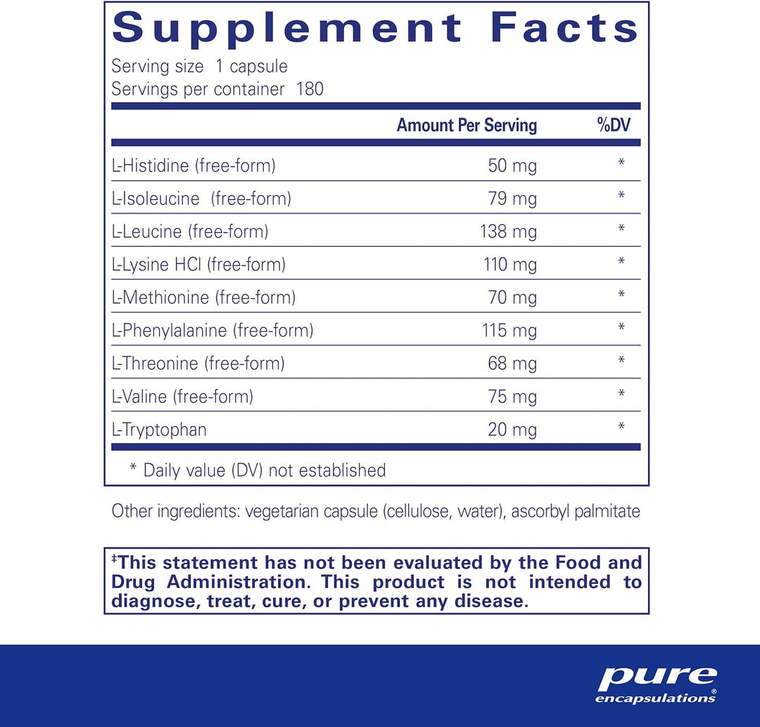 Pure Encapsulations Essential Amino Acids supplement in a bottle of 180 capsules, designed for muscle recovery and immune support.