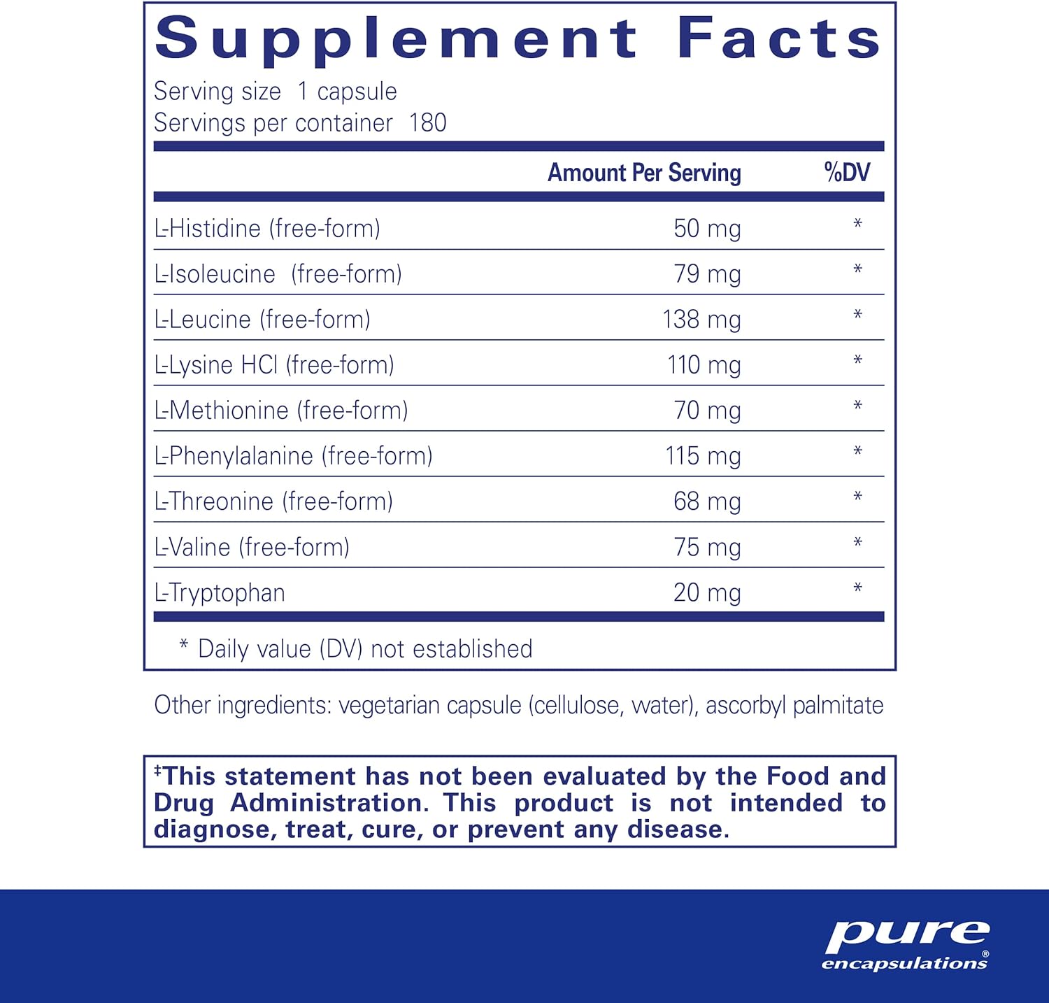 Pure Encapsulations Essential Amino Acids supplement in a bottle of 180 capsules, designed for muscle recovery and immune support.