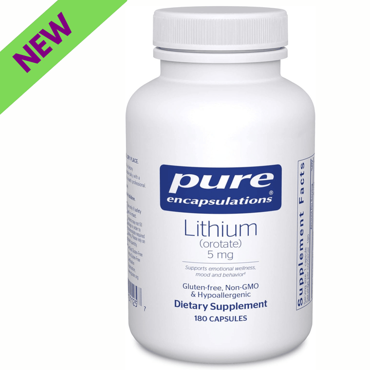 Pure Encapsulations Lithium Orotate supplement bottle with 180 capsules, supporting brain function and immune health.