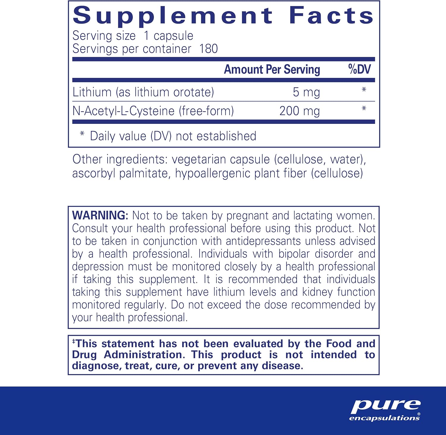 Pure Encapsulations Lithium Orotate supplement bottle with 180 capsules, supporting brain function and immune health.