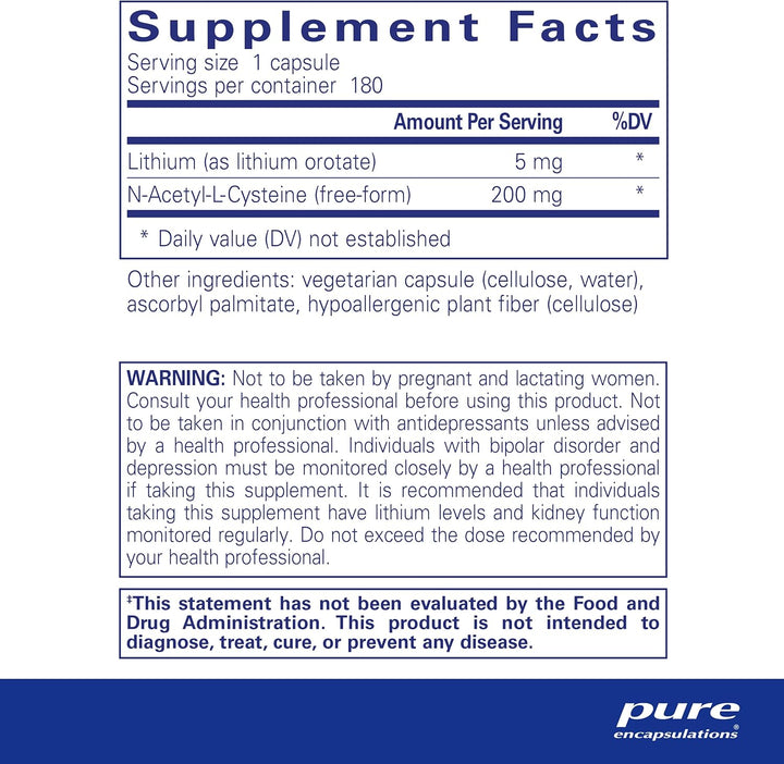 Pure Encapsulations Lithium Orotate supplement bottle with 180 capsules, supporting brain function and immune health.