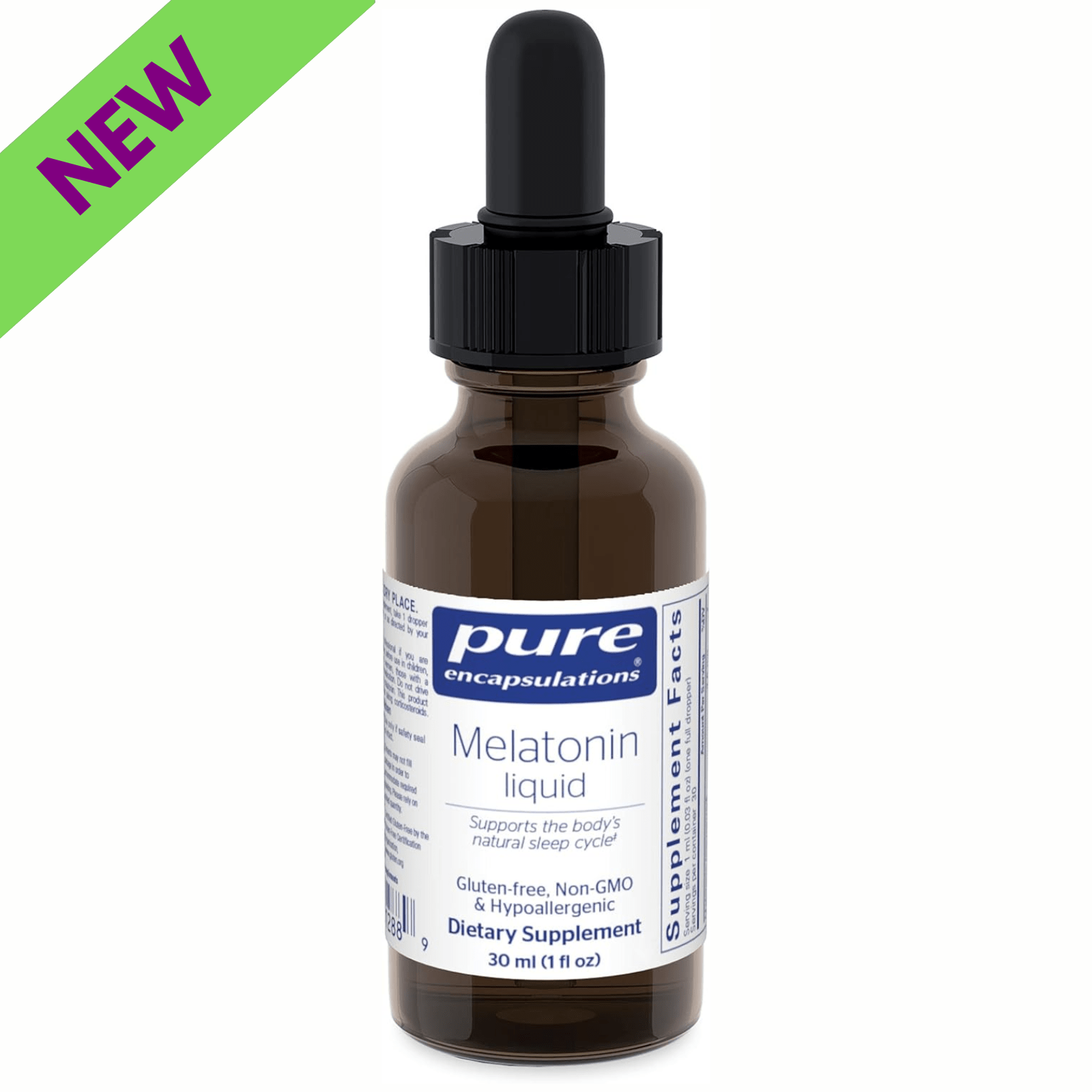 Pure Encapsulations Melatonin Liquid supplement in a 1 fl oz bottle, supporting natural sleep cycle and relaxation.