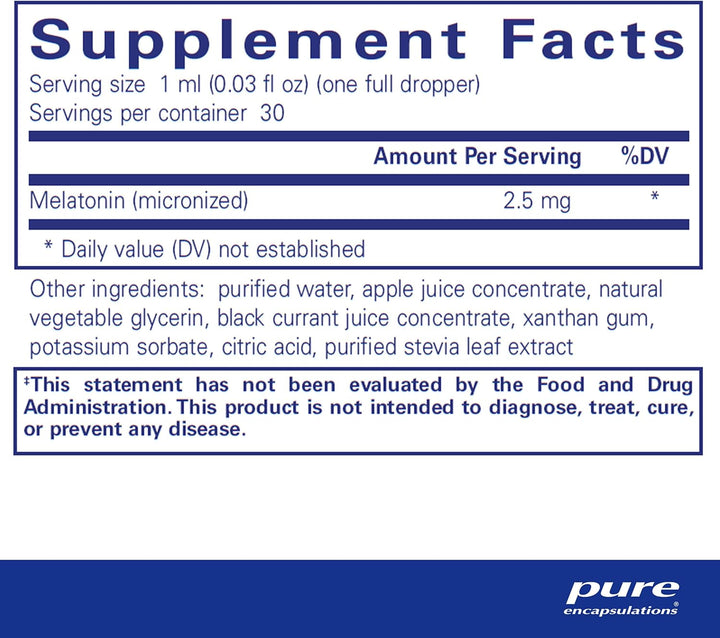 Pure Encapsulations Melatonin Liquid supplement in a 1 fl oz bottle, supporting natural sleep cycles with botanical immune support.