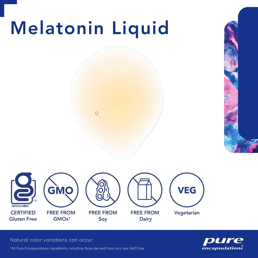 Pure Encapsulations Melatonin Liquid supplement in a 1 fl oz bottle, supporting natural sleep cycles and relaxation.