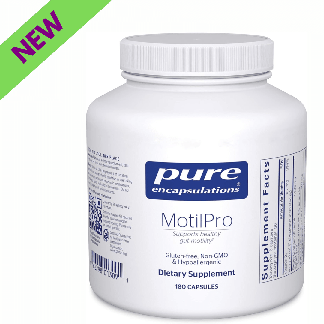 Pure Encapsulations MotilPro botanical supplement bottles with 180 capsules for supporting healthy gut motility.