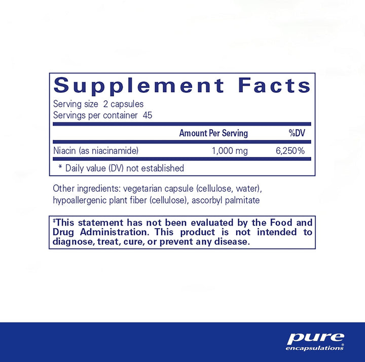 Pure Encapsulations Niacinamide capsules for energy metabolism support, part of botanical immune support supplement, 90 capsules.