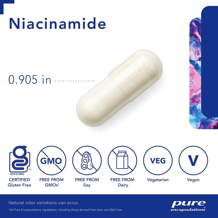 Pure Encapsulations Niacinamide capsules, botanical immune support supplement for energy metabolism, shown in a bottle with label.