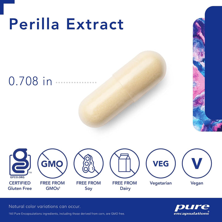 Pure Encapsulations Perilla Extract capsules, botanical supplement supporting mucosal health with 90 capsules in a bottle.