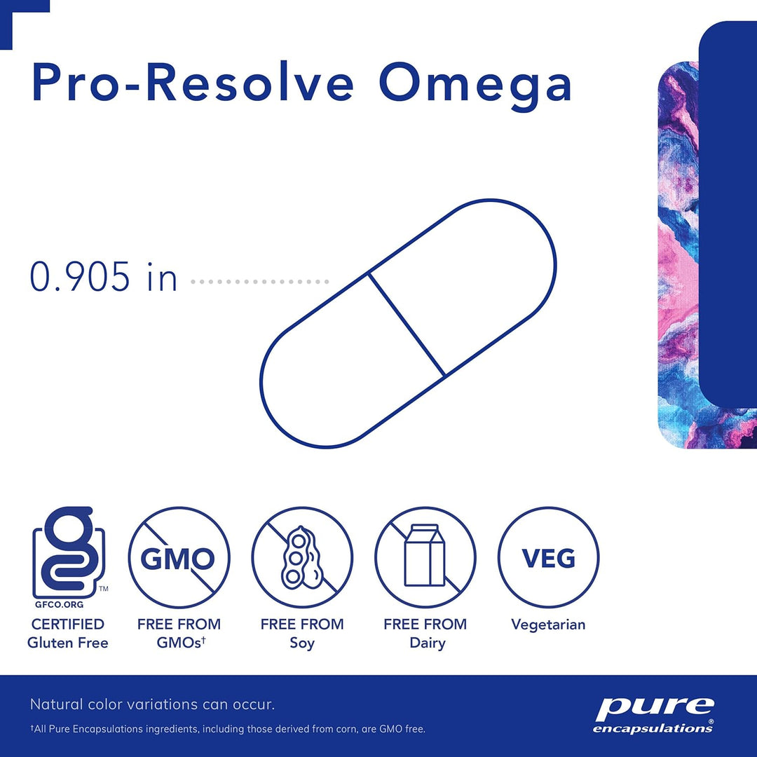 Pure Encapsulations Pro Resolve Omega softgels for heart and joint health, botanical immune support supplement in a bottle.
