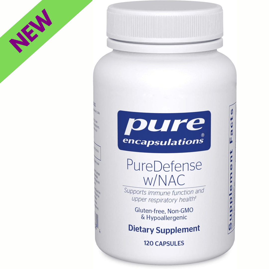Pure Encapsulations PureDefense NAC supplement bottle showing 120 capsules for immune and respiratory support.