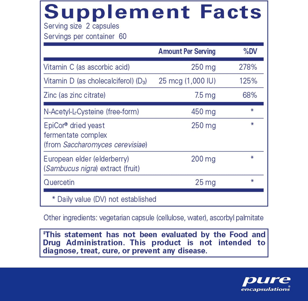 Pure Encapsulations PureDefense NAC supplement bottle showing 120 capsules for immune and respiratory health support.